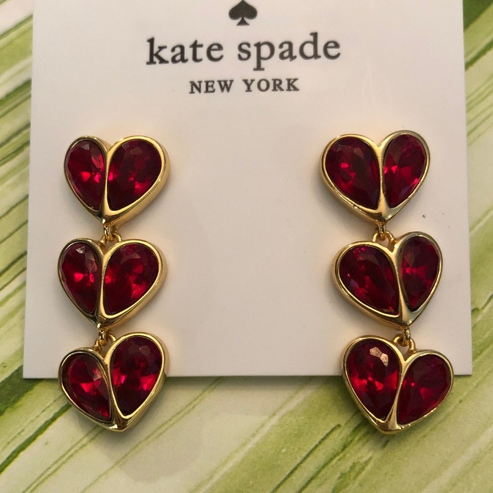 kate spade Red Crystal Heart Drop Earrings in Gold Tone